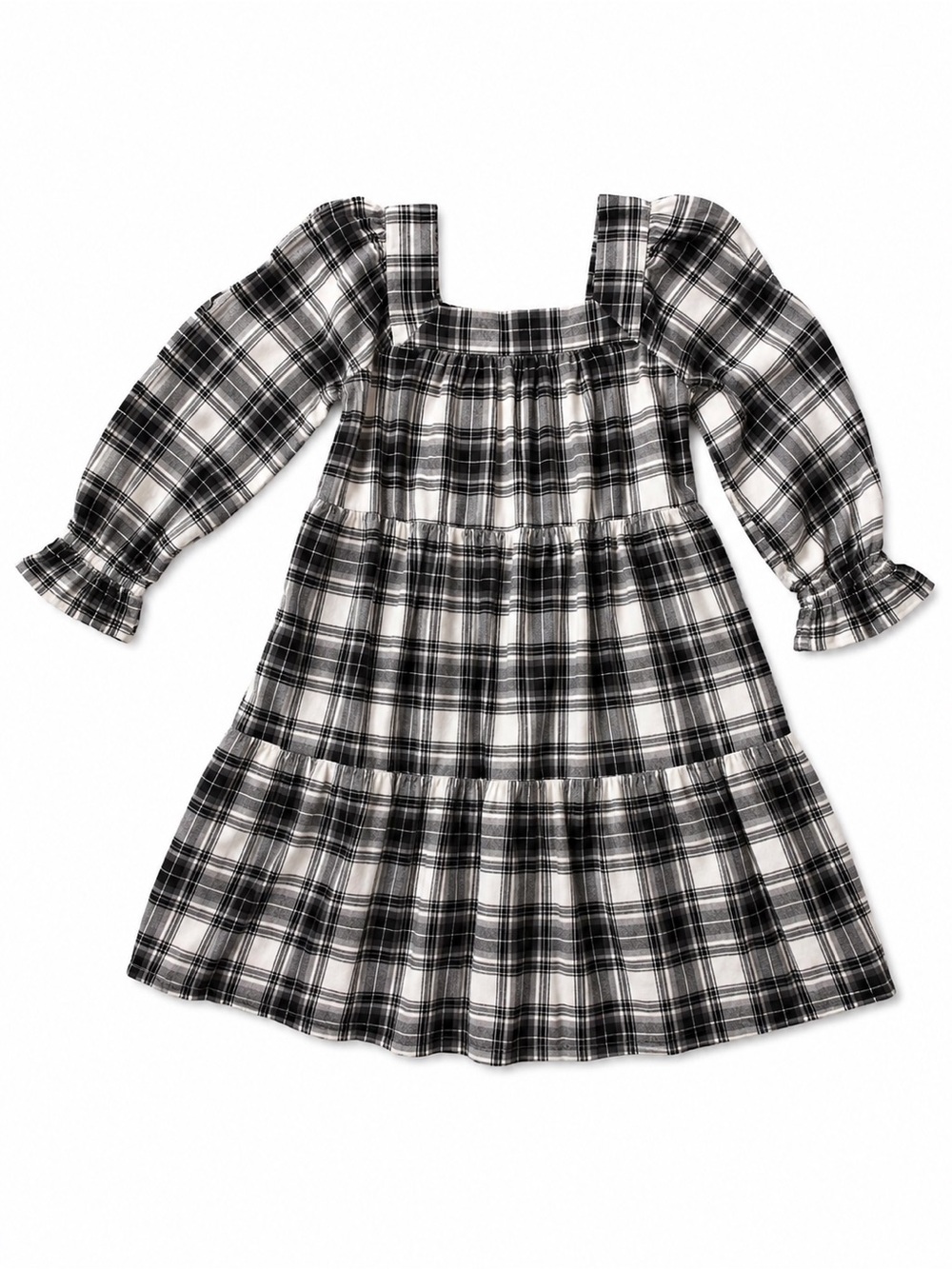 Gap Kids Girls S 6–7 Black White Plaid Tiered Square Neck Cotton Dress